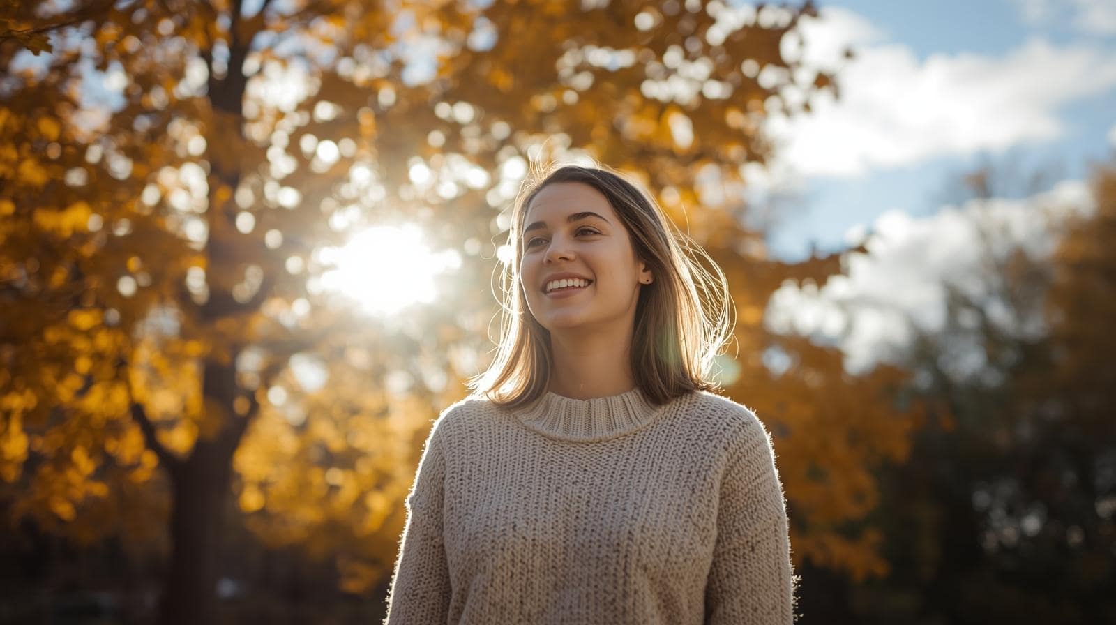 Žena si užíva slnko počas jesene – Vitamín D a prevencia sezónnej únavy